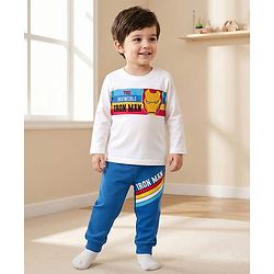 Babyhug Marvel Single Jersey Knit Full Sleeves Night Suit With Avengers Print - White & Blue
