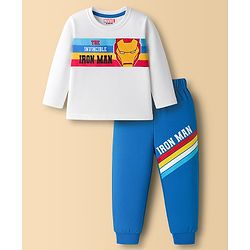 Babyhug Marvel Single Jersey Knit Full Sleeves Night Suit With Avengers Print - White & Blue