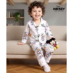 Babyhug Disney Single Jersey Knit Full Sleeves Co-ord Night Suit With Mickey Mouse Print - White