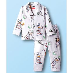 Babyhug Disney Single Jersey Knit Full Sleeves Co-ord Night Suit With Mickey Mouse Print - White