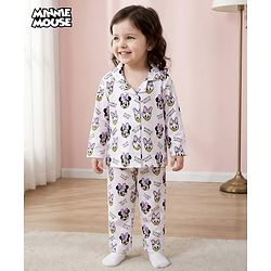 Babyhug Disney Single Jersey Knit Full Sleeves Co-ords Night Suit with Minnie Mouse Print - White