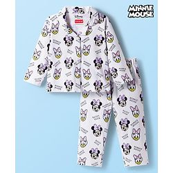 Babyhug Disney Single Jersey Knit Full Sleeves Co-ords Night Suit with Minnie Mouse Print - White
