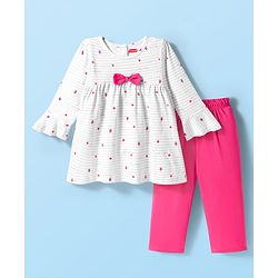 Babyhug Cotton Knit Full Sleeves Night Suit With Strawberry Print & Bow Applique - Pink & White