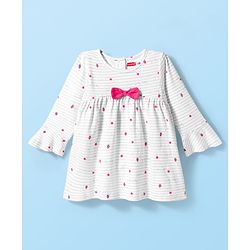 Babyhug Cotton Knit Full Sleeves Night Suit With Strawberry Print & Bow Applique - Pink & White