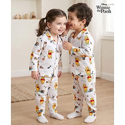 Babyhug Disney Single Jersey Knit Full Sleeves Co-ords Night Suit With Winnie The Pooh Print - White