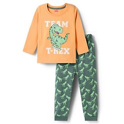 Babyhug Cotton Knit Full Sleeves Night Suit With Dino Print - Orange