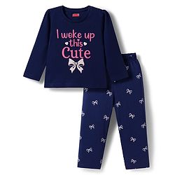 Babyhug Cotton Knit Full Sleeves Night Suit with Bow Print - Navy Blue