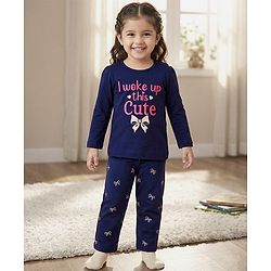 Babyhug Cotton Knit Full Sleeves Night Suit with Bow Print - Navy Blue