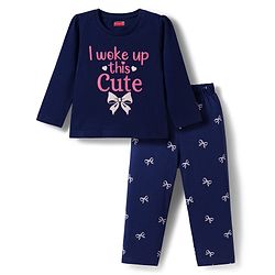 Babyhug Cotton Knit Full Sleeves Night Suit with Bow Print - Navy Blue