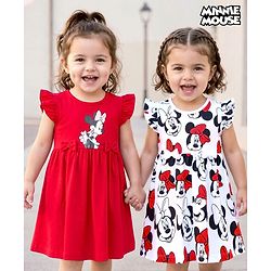 Babyhug Disney Single Jersey Knit Frill Sleeves Frocks with Minnie Mouse Graphic & Bow Applique Pack of 2 - White & Red