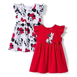 Babyhug Disney Single Jersey Knit Frill Sleeves Frocks with Minnie Mouse Graphic & Bow Applique Pack of 2 - White & Red