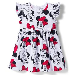 Babyhug Disney Single Jersey Knit Frill Sleeves Frocks with Minnie Mouse Graphic & Bow Applique Pack of 2 - White & Red
