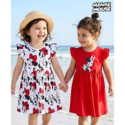 Babyhug Disney Single Jersey Knit Frill Sleeves Frocks with Minnie Mouse Graphic & Bow Applique Pack of 2 - White & Red