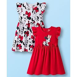 Babyhug Disney Single Jersey Knit Frill Sleeves Frocks with Minnie Mouse Graphic & Bow Applique Pack of 2 - White & Red