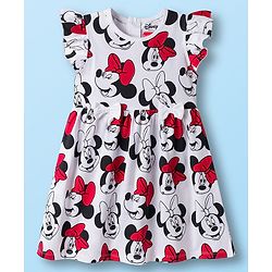 Babyhug Disney Single Jersey Knit Frill Sleeves Frocks with Minnie Mouse Graphic & Bow Applique Pack of 2 - White & Red