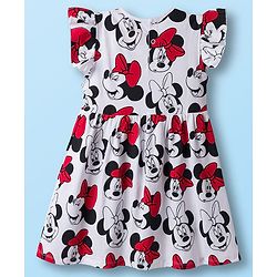 Babyhug Disney Single Jersey Knit Frill Sleeves Frocks with Minnie Mouse Graphic & Bow Applique Pack of 2 - White & Red