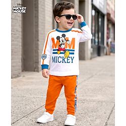 Babyhug Disney Single Jersey Knit Full Sleeves T-Shirt & Track Pant Set With Front & Back Mickey Mouse Graphics - White & Orange