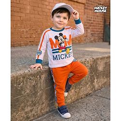 Babyhug Disney Single Jersey Knit FullT-Shirt & Track Pant Set With Front & Back Mickey Mouse Graphics - White & Orange