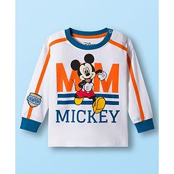 Babyhug Disney Single Jersey Knit FullT-Shirt & Track Pant Set With Front & Back Mickey Mouse Graphics - White & Orange