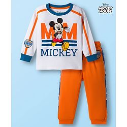 Babyhug Disney Single Jersey Knit FullT-Shirt & Track Pant Set With Front & Back Mickey Mouse Graphics - White & Orange