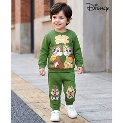 Babyhug Disney Single Jersey Knit Full Sleeves T-Shirt & Lounge Pant Set With Chip N Dale Graphic - Olive Green