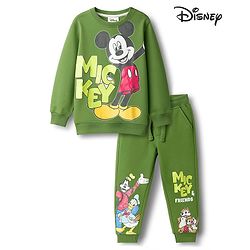 Babyhug Disney Single Jersey Knit Full Sleeves T-Shirt & Track Pant Set With Mickey & Friends Graphics - Olive Green