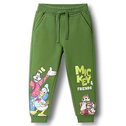 Babyhug Disney Single Jersey Knit Full Sleeves T-Shirt & Track Pant Set With Mickey & Friends Graphics - Olive Green
