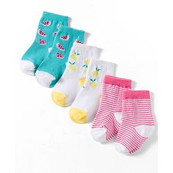 Cute Walk by Babyhug Non Terry Knit Ankle Length Anti Bacterial Socks With Stripes & Fruits Design Pack of 3 - Multicolour