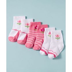 Cute Walk by Babyhug Non Terry Knit Ankle Length Antibacterial Socks With Floral Design Pack Of 3 - White & Pink