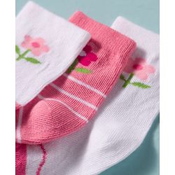 Cute Walk by Babyhug Non Terry Knit Ankle Length Antibacterial Socks With Floral Design Pack Of 3 - White & Pink