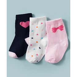 Cute Walk by Babyhug Non Terry Knit Ankle Length Anti Bacterial Socks With Polka Dots Hearts & Bow Design Pack of 3 - Multicolour