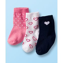 Cute Walk by Babyhug Non Terry Cotton Knit Ankle Length Anti Bacterial Socks With Hearts Design Pack Of 3 - Multicolour