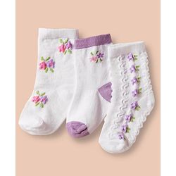 Cute Walk by Babyhug Non Terry Cotton Knit Ankle Length Anti Bacterial Socks With Floral Design Pack Of 3 - Multicolour