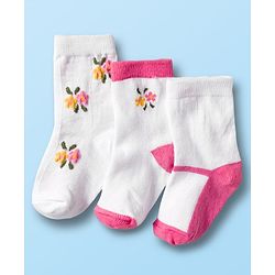 Cute Walk by Babyhug Non Terry Cotton Knit Ankle Length Anti Bacterial Socks With Floral Design Pack Of 3 - Multicolour