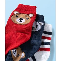 Cute Walk by Babyhug Ankle Length Anti Bacterial Socks with Bear Design Pack of 3 - Red White & Navy