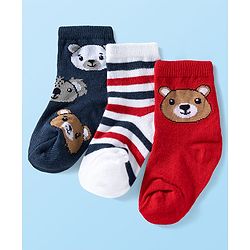 Cute Walk by Babyhug Ankle Length Anti Bacterial Socks with Bear Design Pack of 3 - Red White & Navy
