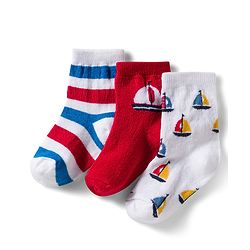 Cute Walk by Babyhug Non Terry Knit Ankle Length Anti Bacterial Socks With Stripes & Boat Design Pack of 3 - Red Blue & White