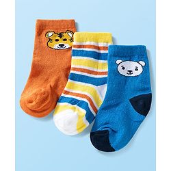 Cute Walk by Babyhug Ankle Length Anti Bacterial Socks with Animal Design Pack of 3 - Blue White & Orange