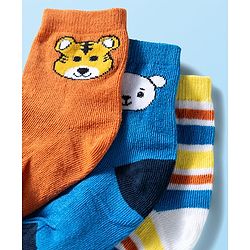 Cute Walk by Babyhug Ankle Length Anti Bacterial Socks with Animal Design Pack of 3 - Blue White & Orange