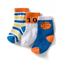 Cute Walk by Babyhug Non Terry Knit Ankle Length Anti Bacterial Socks With Stripes & Basketball Design Pack of 3 - Orange Blue & White