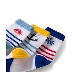 Cute Walk by Babyhug Non Terry Knit Ankle Length Anti Bacterial Socks With Stripes & Nautical Theme Design Pack of 3 - Yellow Blue & White