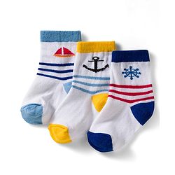 Cute Walk by Babyhug Non Terry Knit Ankle Length Anti Bacterial Socks With Stripes & Nautical Theme Design Pack of 3 - Yellow Blue & White