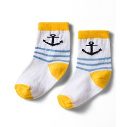 Cute Walk by Babyhug Non Terry Knit Ankle Length Anti Bacterial Socks With Stripes & Nautical Theme Design Pack of 3 - Yellow Blue & White