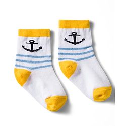 Cute Walk by Babyhug Non Terry Knit Ankle Length Anti Bacterial Socks With Stripes & Nautical Theme Design Pack of 3 - Yellow Blue & White