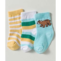 Cute Walk by Babyhug Non Terry Knit Ankle Length Anti Bacterial Striped & Bear Designed Socks Pack of 3 - Multicolor