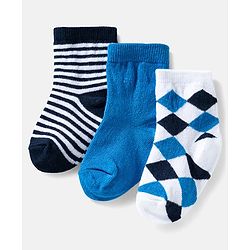 Cute Walk by Babyhug Ankle Length Anti Bacterial Socks with Diamond Design Pack of 3 - Blue & White
