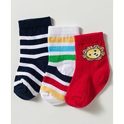 Cute Walk by Babyhug Non Terry Knit Ankle Length Anti Bacterial Striped & Lion Designed Socks Pack of 3 - Multicolor