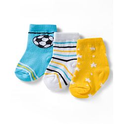 Cute Walk by Babyhug Ankle Length Anti Bacterial Socks with Star & Foot Ball Design Pack of 3 - Yellow Blue & White
