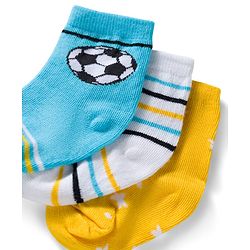 Cute Walk by Babyhug Ankle Length Anti Bacterial Socks with Star & Foot Ball Design Pack of 3 - Yellow Blue & White
