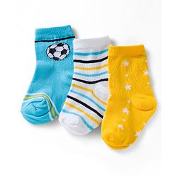 Cute Walk by Babyhug Ankle Length Anti Bacterial Socks with Star & Foot Ball Design Pack of 3 - Yellow Blue & White